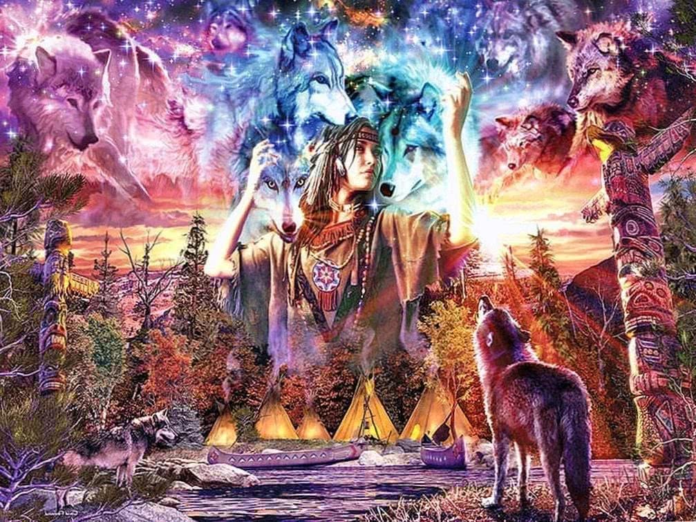Native American And Wolf Wallpaper Image 1